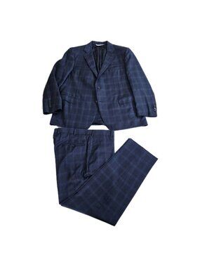 Samuelsohn 2 Pc Mens Suit Blazer US 46 Trousers 38x29 Plaid 130s Wool Union Made